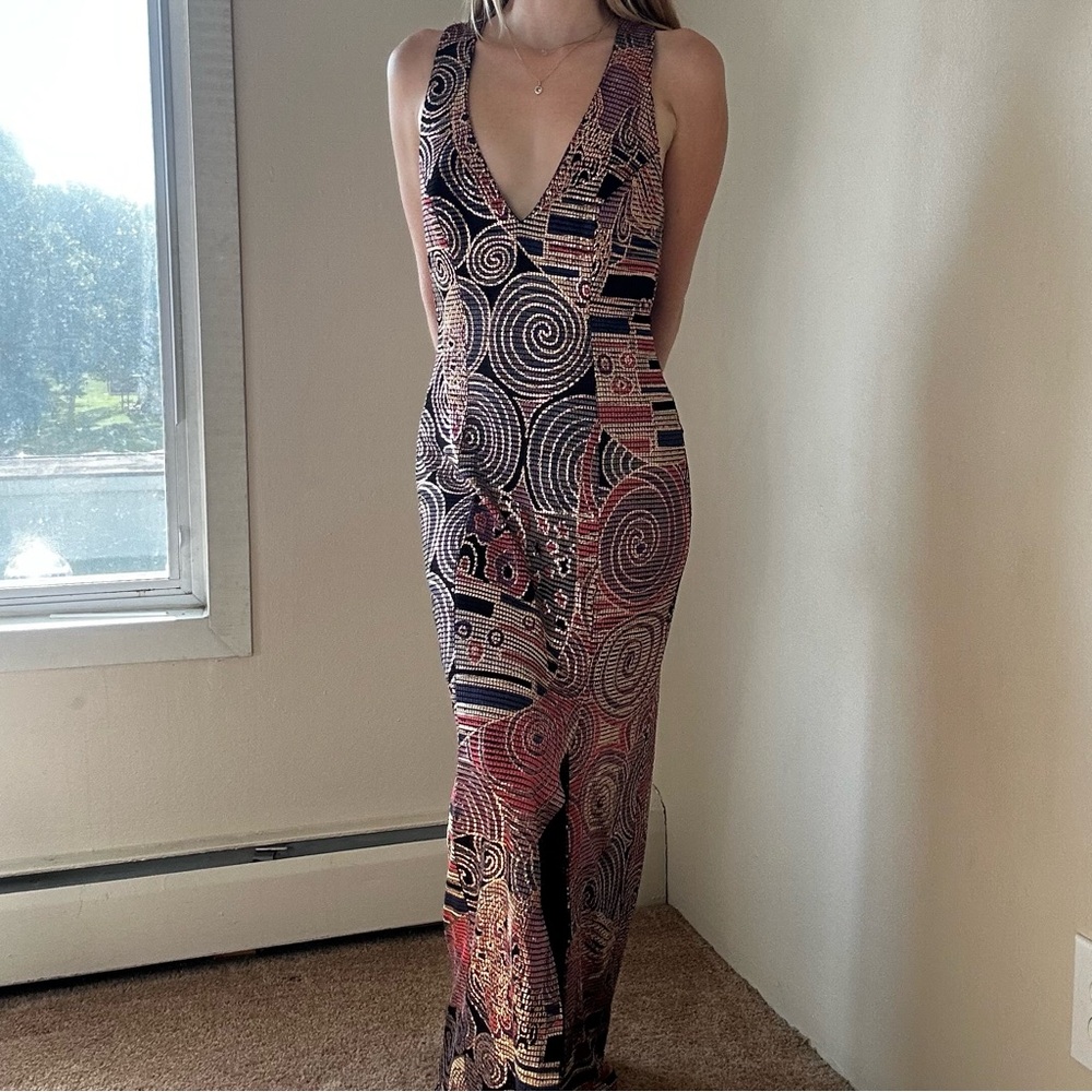 Vintage Janine Multi Colored Mosaic Painted Maxi Slit Dress - Medium